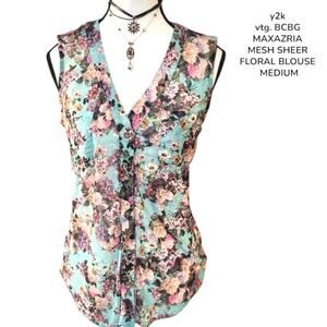 Y2K VTG.  BCBGMAXAZRIA blue floral sheer button-up top with ruffle‎ detail  M